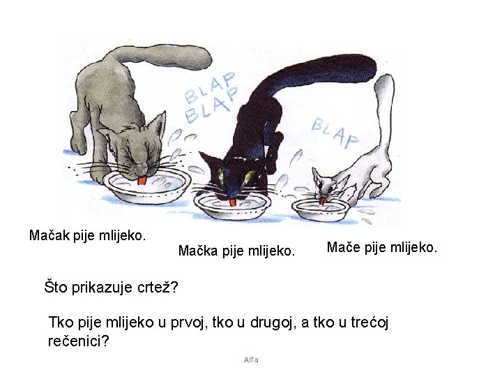 Mačak pije mlijeko. Mačka pije mlijeko. Mače pije mlijeko. Što prikazuje crtež? Tko pije