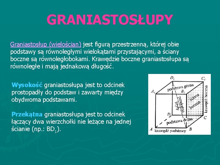 GRANIASTOSŁUPY Graniastosłup (wielościan) jest figurą przestrzenną, której obie podstawy są równoległymi wielokątami przystającymi, a GRANIASTOSŁUPY Graniastosłup (wielościan) jest figurą przestrzenną, której obie podstawy są równoległymi wielokątami przystającymi, a