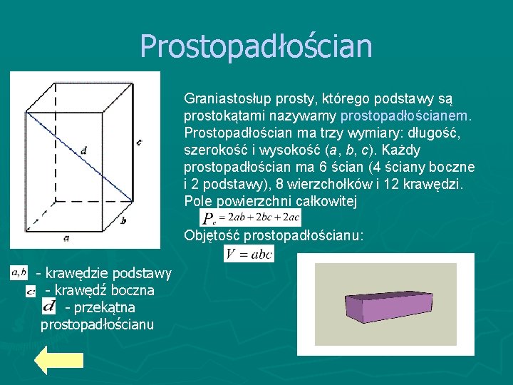 Prostopadłościan Graniastosłup prosty, którego podstawy są prostokątami nazywamy prostopadłościanem. Prostopadłościan ma trzy wymiary: długość, Prostopadłościan Graniastosłup prosty, którego podstawy są prostokątami nazywamy prostopadłościanem. Prostopadłościan ma trzy wymiary: długość,