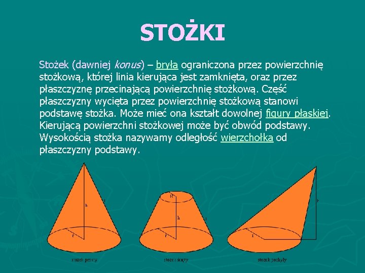 STOŻKI Stożek (dawniej konus) – bryła ograniczona przez powierzchnię stożkową, której linia kierująca jest