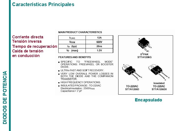 Características Principales DIODOS DE POTENCIA Corriente directa Tensión inversa Tiempo de recuperación Caída de