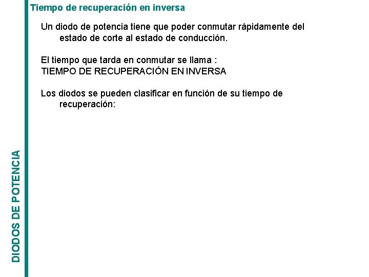 Tiempo de recuperación en inversa Un diodo de potencia tiene que poder conmutar rápidamente