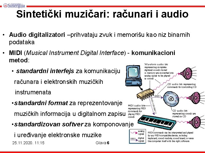 Sintetički muzičari: računari i audio • Audio digitalizatori –prihvataju zvuk i memorišu kao niz Sintetički muzičari: računari i audio • Audio digitalizatori –prihvataju zvuk i memorišu kao niz