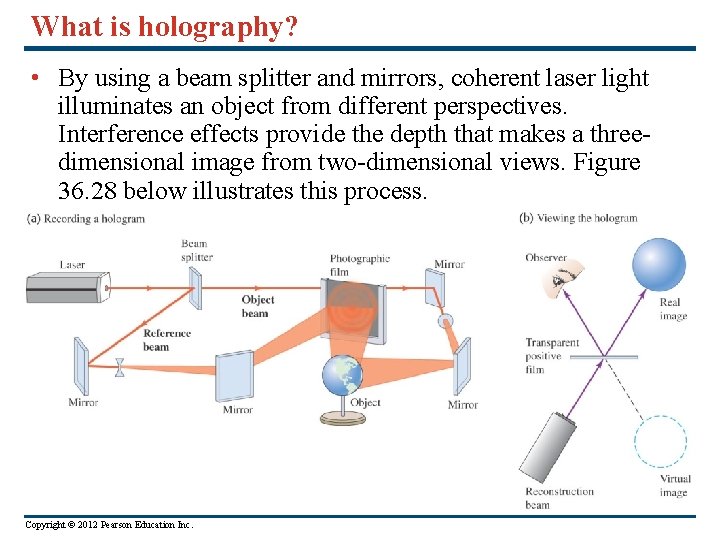 What is holography? • By using a beam splitter and mirrors, coherent laser light