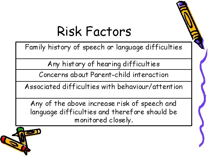 Risk Factors Family history of speech or language difficulties Any history of hearing difficulties