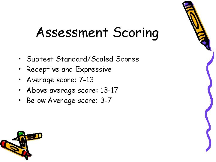 Assessment Scoring • • • Subtest Standard/Scaled Scores Receptive and Expressive Average score: 7