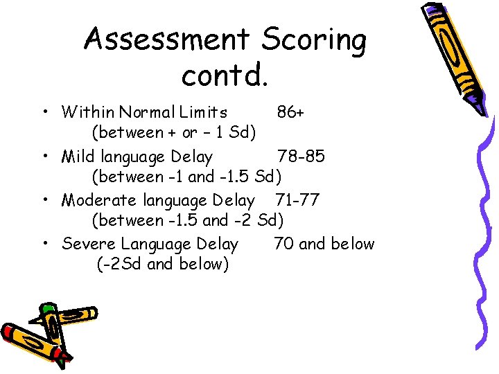 Assessment Scoring contd. • Within Normal Limits 86+ (between + or – 1 Sd)