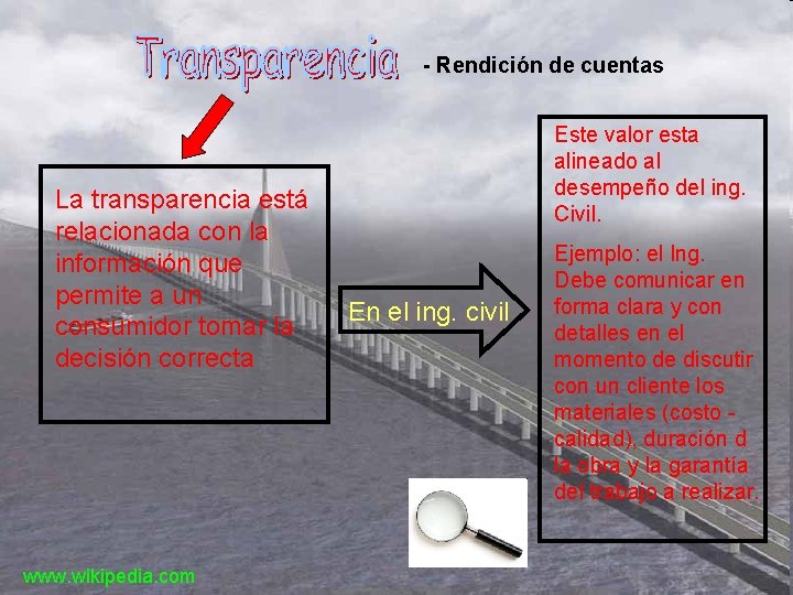 - Rendición de cuentas La transparencia está relacionada con la información que permite a