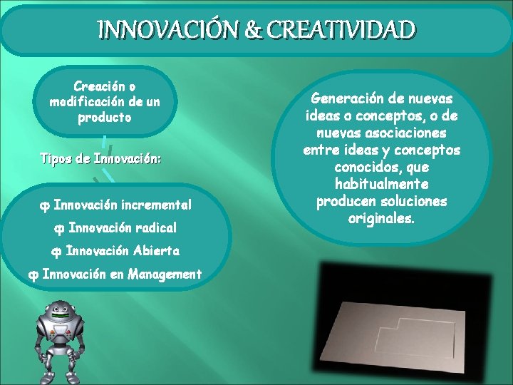 INNOVACIÓN & CREATIVIDAD Creación o modificación de un producto Tipos de Innovación: ф Innovación