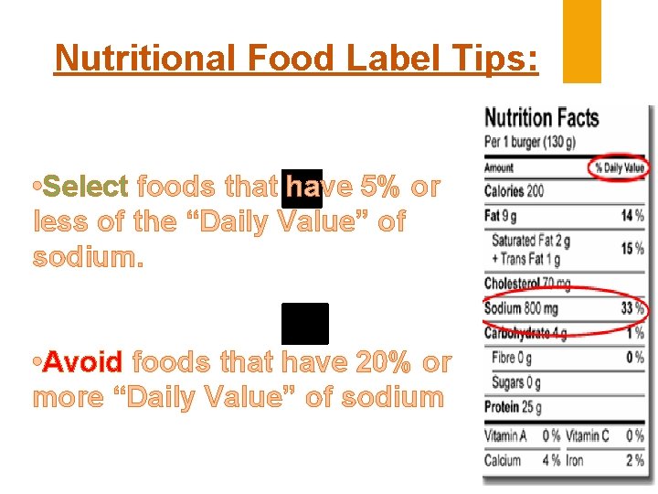 Nutritional Food Label Tips: • Select foods that have 5% or less of the