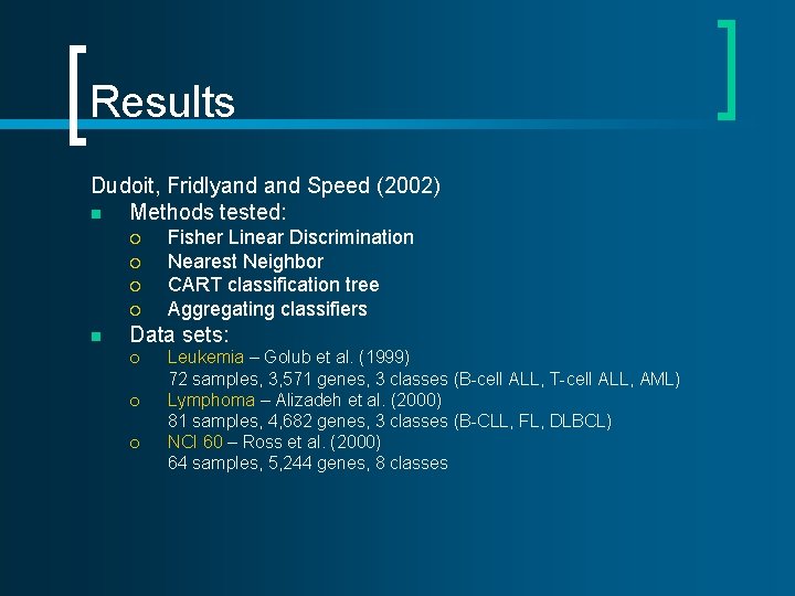 Results Dudoit, Fridlyand Speed (2002) n Methods tested: ¡ ¡ n Fisher Linear Discrimination Results Dudoit, Fridlyand Speed (2002) n Methods tested: ¡ ¡ n Fisher Linear Discrimination