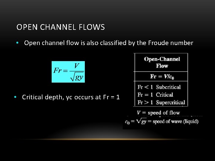 OPEN CHANNEL FLOWS • Open channel flow is also classified by the Froude number