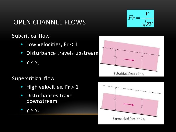 OPEN CHANNEL FLOWS Subcritical flow • Low velocities, Fr < 1 • Disturbance travels