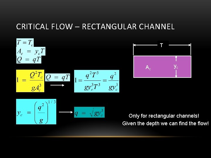 CRITICAL FLOW – RECTANGULAR CHANNEL T Ac yc Only for rectangular channels! Given the