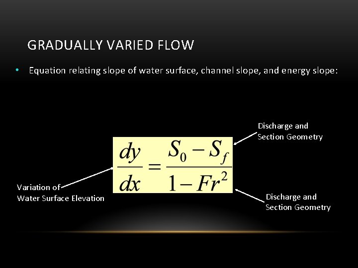 GRADUALLY VARIED FLOW • Equation relating slope of water surface, channel slope, and energy