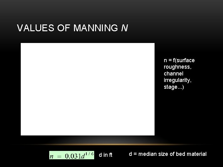 VALUES OF MANNING N n = f(surface roughness, channel irregularity, stage. . . )