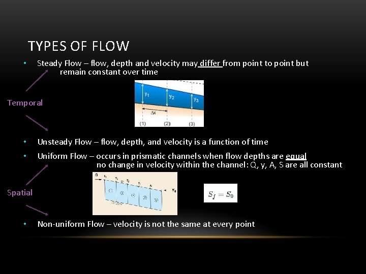 TYPES OF FLOW • Steady Flow – flow, depth and velocity may differ from
