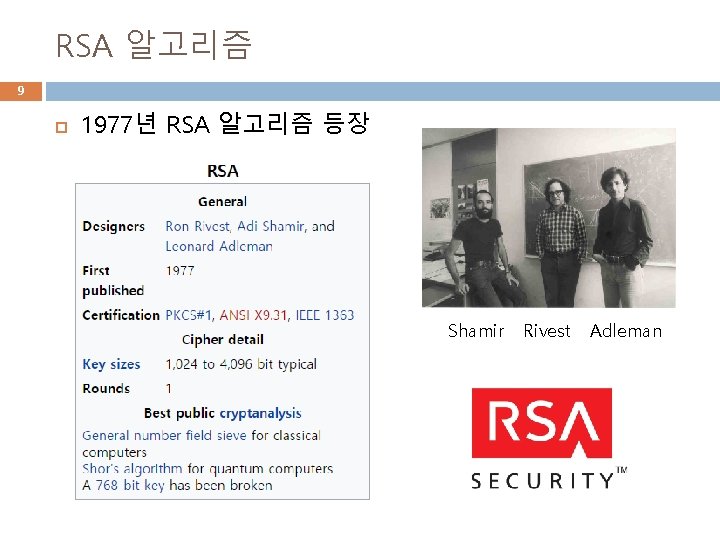 RSA 알고리즘 9 1977년 RSA 알고리즘 등장 Shamir Rivest Adleman 