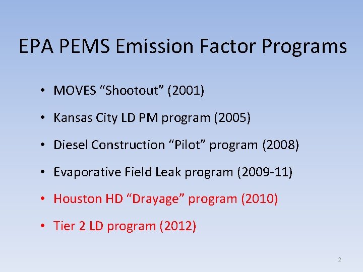 EPA PEMS Emission Factor Programs • MOVES “Shootout” (2001) • Kansas City LD PM