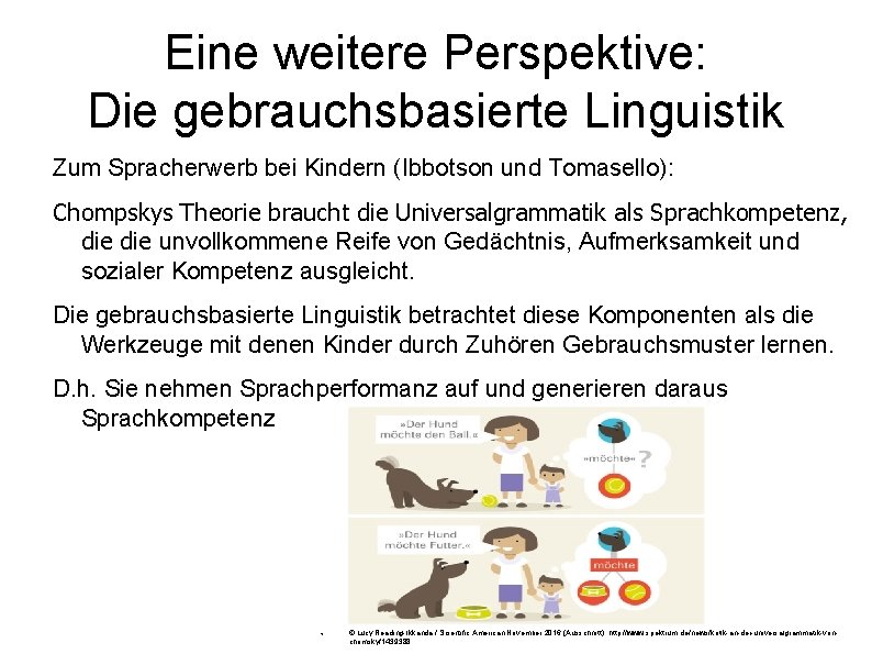 Eine weitere Perspektive: Die gebrauchsbasierte Linguistik Zum Spracherwerb bei Kindern (Ibbotson und Tomasello): Chompskys