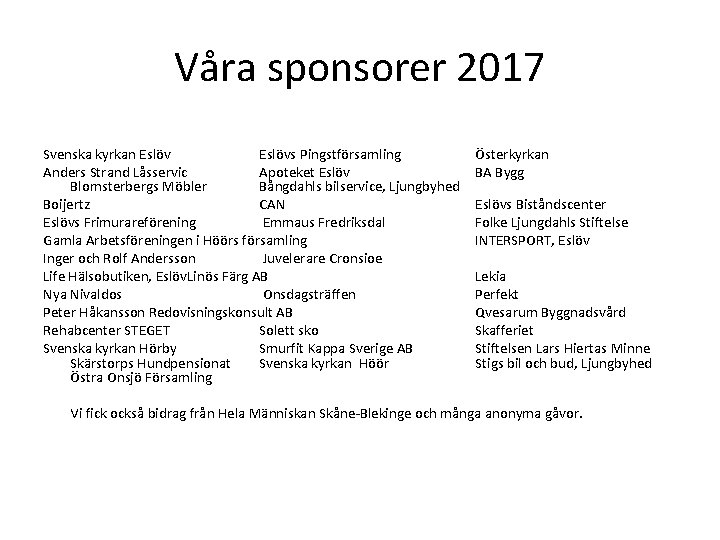 Våra sponsorer 2017 Svenska kyrkan Eslövs Pingstförsamling Anders Strand Låsservic Apoteket Eslöv Blomsterbergs Möbler