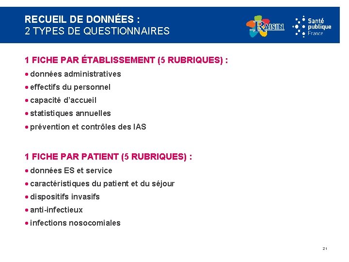 RECUEIL DE DONNÉES : 2 TYPES DE QUESTIONNAIRES 1 FICHE PAR ÉTABLISSEMENT (5 RUBRIQUES)
