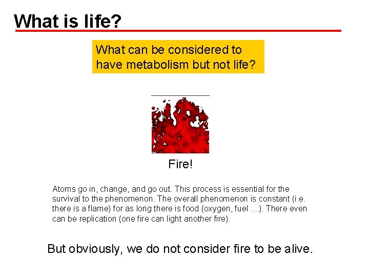 What is life? What can be considered to have metabolism but not life? Fire!