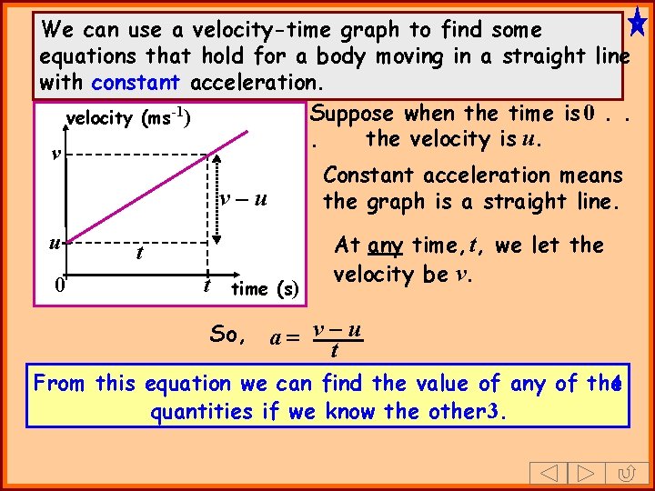 We can use a velocity-time graph to find some equations that hold for a