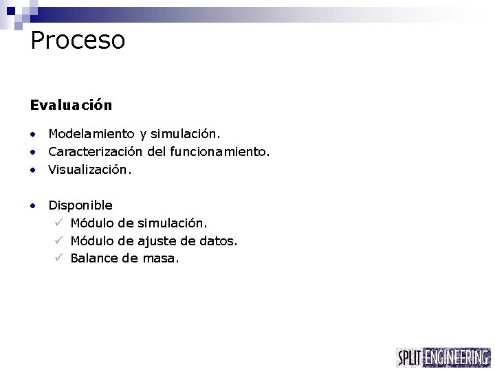 Proceso Evaluación • Modelamiento y simulación. • Caracterización del funcionamiento. • Visualización. • Disponible