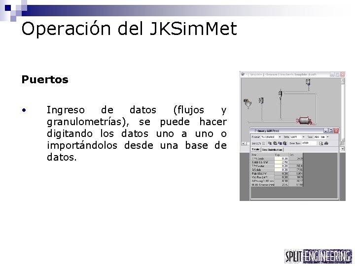 Operación del JKSim. Met Puertos • Ingreso de datos (flujos y granulometrías), se puede
