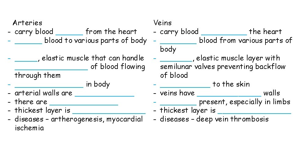 Arteries Veins - carry blood ______ from the heart - carry blood _____ the