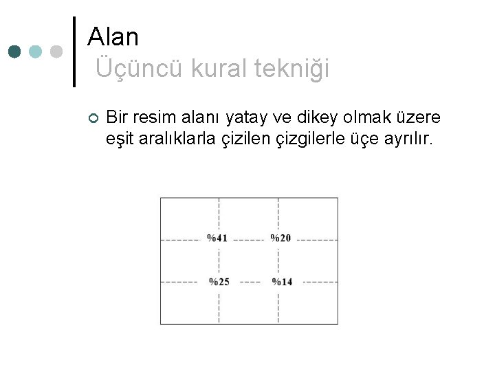Alan Üçüncü kural tekniği ¢ Bir resim alanı yatay ve dikey olmak üzere eşit Alan Üçüncü kural tekniği ¢ Bir resim alanı yatay ve dikey olmak üzere eşit