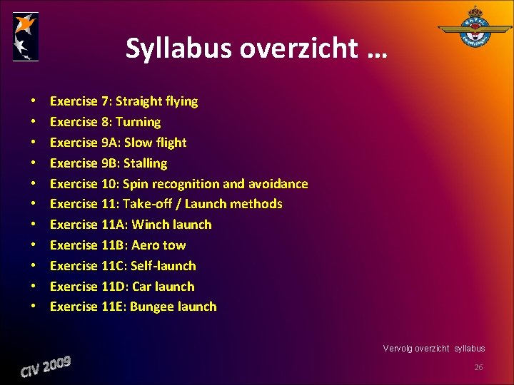 Syllabus overzicht … • • • Exercise 7: Straight flying Exercise 8: Turning Exercise