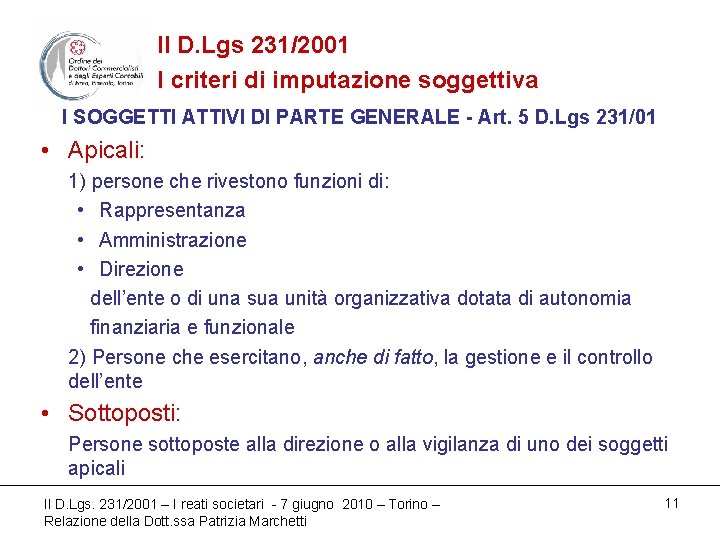 Il D. Lgs 231/2001 I criteri di imputazione soggettiva I SOGGETTI ATTIVI DI PARTE