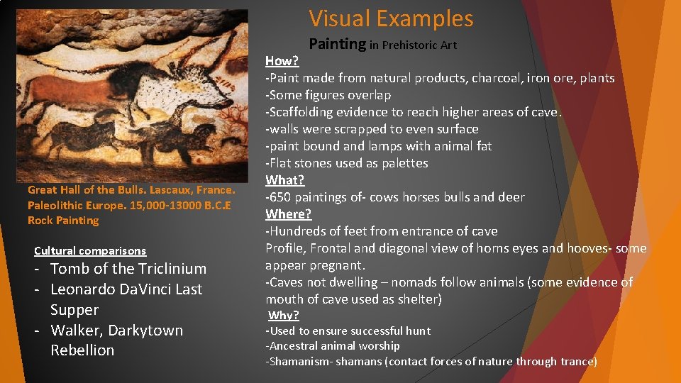 Visual Examples Painting in Prehistoric Art Great Hall of the Bulls. Lascaux, France. Paleolithic Visual Examples Painting in Prehistoric Art Great Hall of the Bulls. Lascaux, France. Paleolithic
