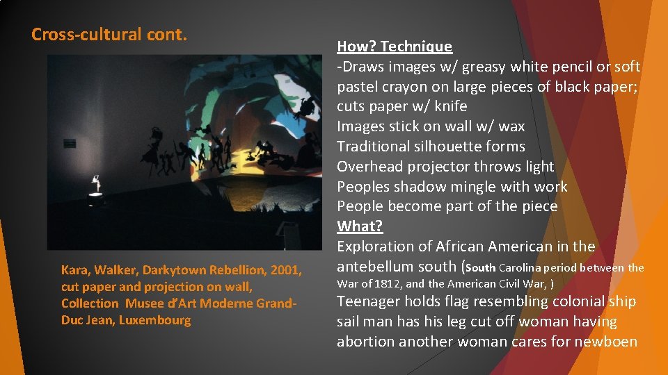 Cross-cultural cont. Kara, Walker, Darkytown Rebellion, 2001, cut paper and projection on wall, Collection Cross-cultural cont. Kara, Walker, Darkytown Rebellion, 2001, cut paper and projection on wall, Collection