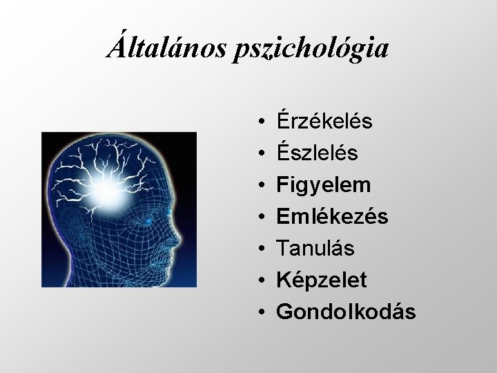 Általános pszichológia • • Érzékelés Észlelés Figyelem Emlékezés Tanulás Képzelet Gondolkodás 