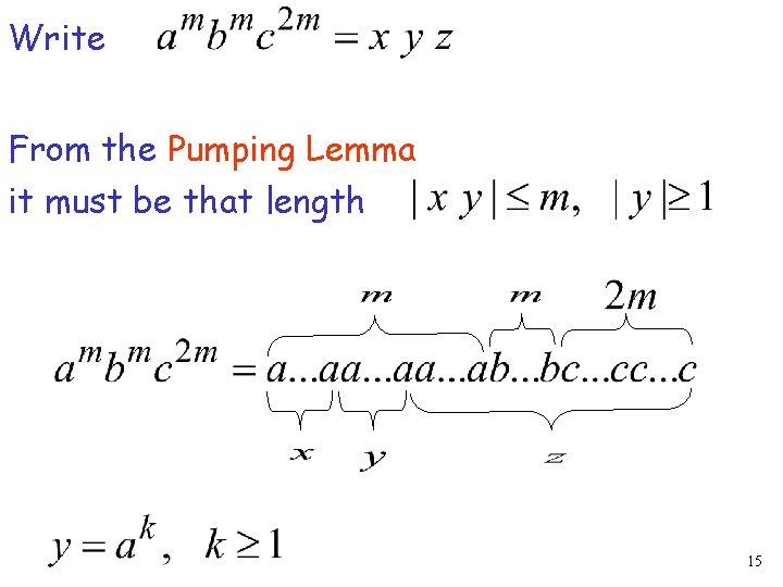 Write From the Pumping Lemma it must be that length 15 