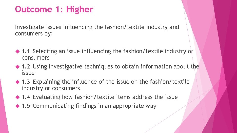 Outcome 1: Higher Investigate issues influencing the fashion/textile industry and consumers by: 1. 1