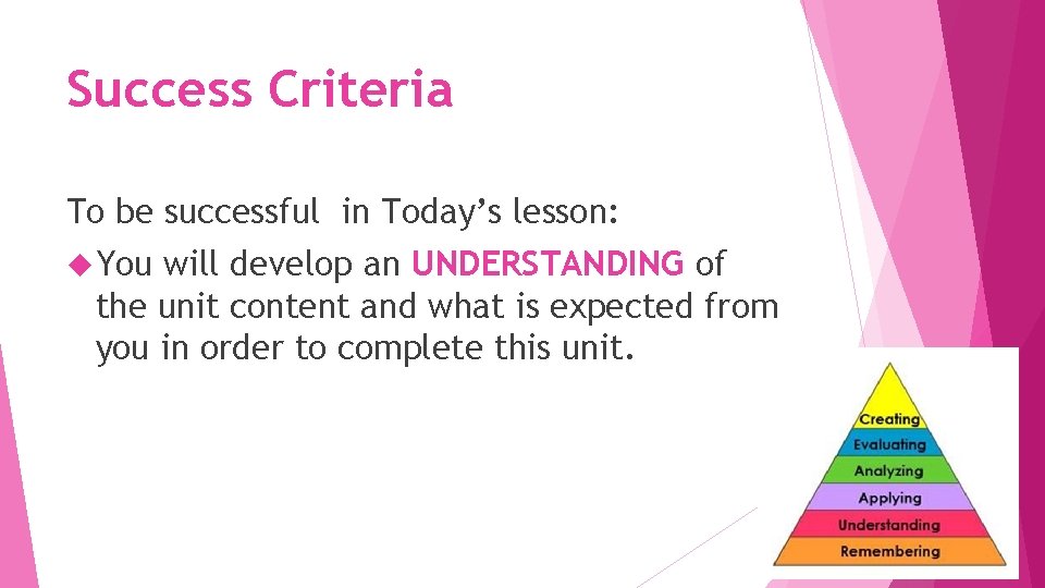 Success Criteria To be successful in Today’s lesson: You will develop an UNDERSTANDING of