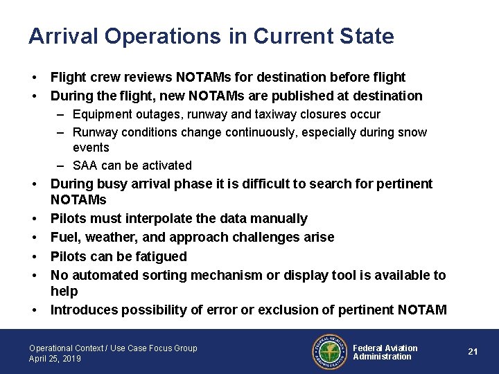 Arrival Operations in Current State • • Flight crew reviews NOTAMs for destination before