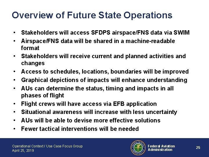 Overview of Future State Operations • Stakeholders will access SFDPS airspace/FNS data via SWIM