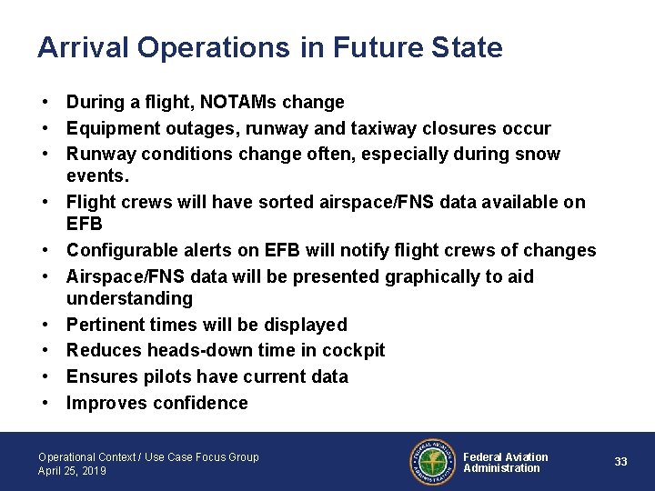 Arrival Operations in Future State • During a flight, NOTAMs change • Equipment outages,