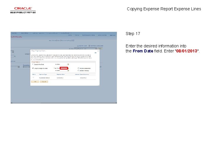 Copying Expense Report Expense Lines Step 17 Enter the desired information into the From