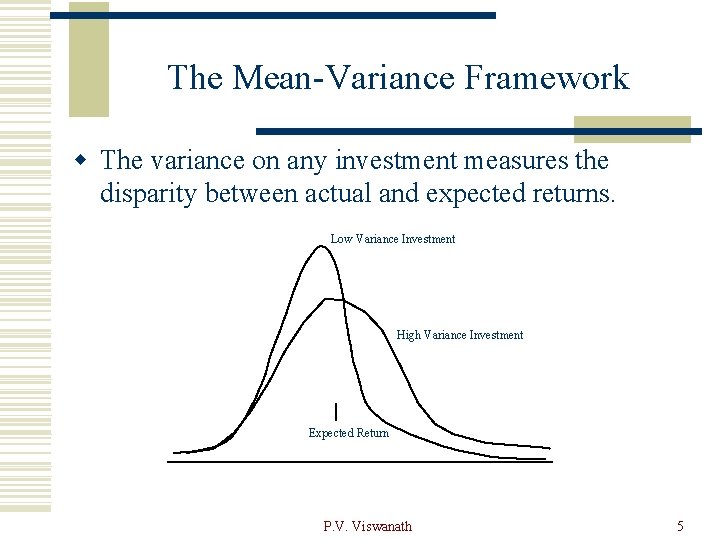 The Mean-Variance Framework w The variance on any investment measures the disparity between actual