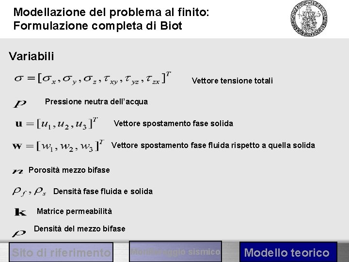 Modellazione del problema al finito: Formulazione completa di Biot Variabili Vettore tensione totali Pressione