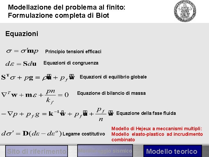 Modellazione del problema al finito: Formulazione completa di Biot Equazioni Principio tensioni efficaci Equazioni