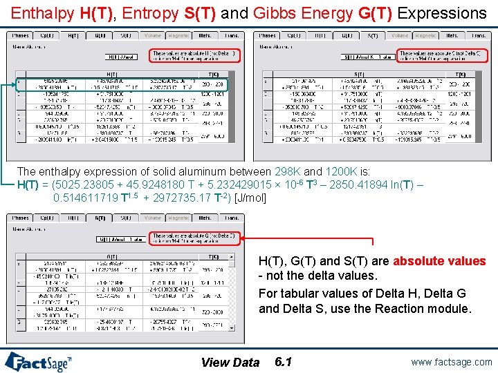 Enthalpy H(T), Entropy S(T) and Gibbs Energy G(T) Expressions The enthalpy expression of solid