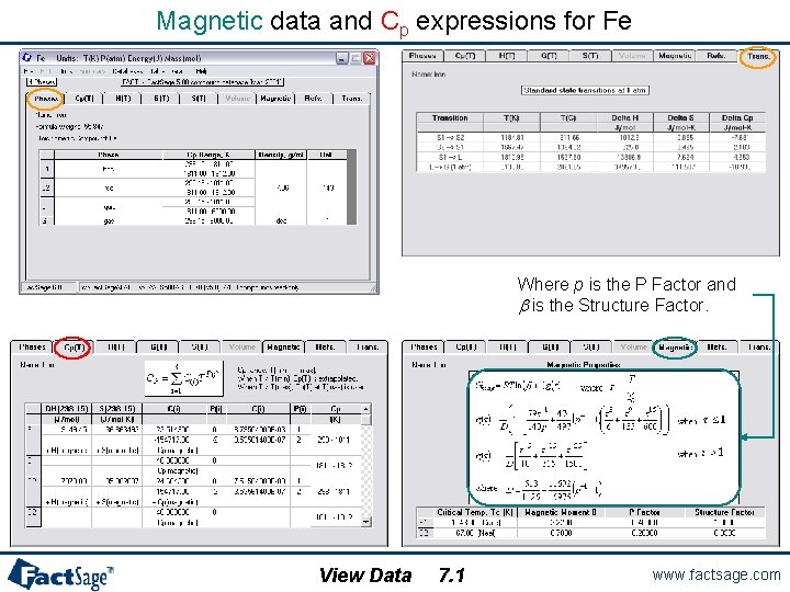 Magnetic data and Cp expressions for Fe Where p is the P Factor and