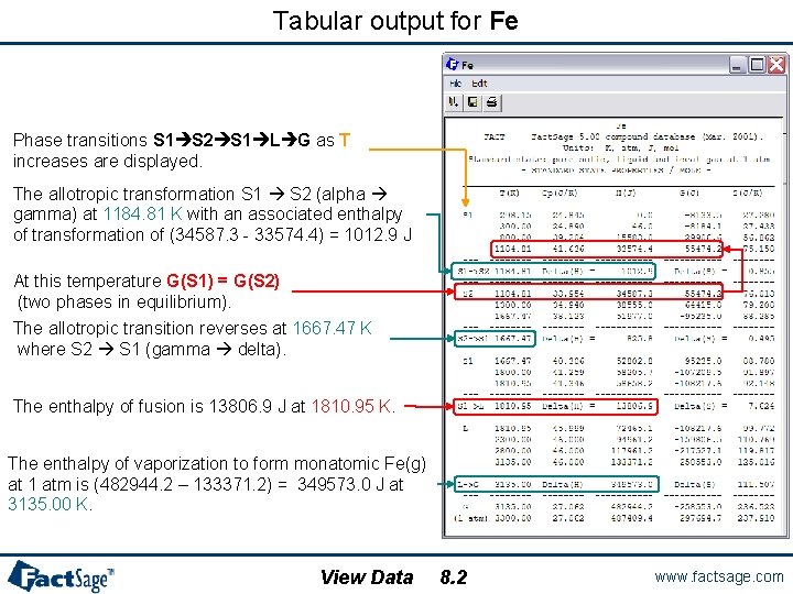 Tabular output for Fe Phase transitions S 1 S 2 S 1 L G